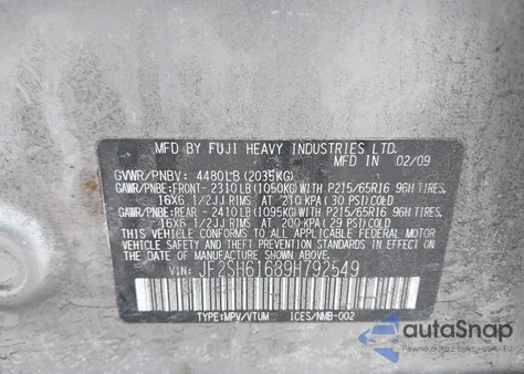 2009 Subaru Forester 2.5X z USA, uszkodzony, nr VIN JF2SH61689H792549